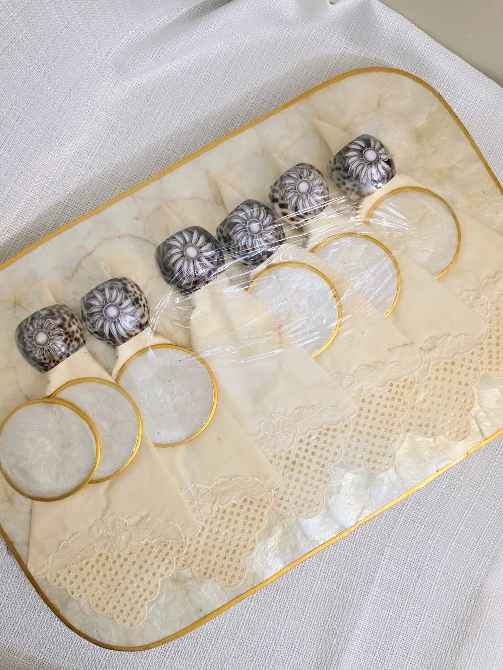 Vtg Capiz Shell Placemats Coasters Carved Shell Napkin Rings Oval  Beach READ